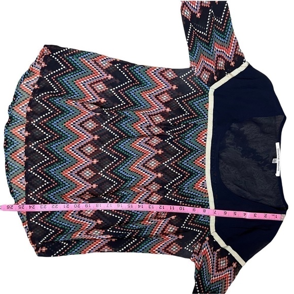 Collective Concepts Sheer Boho Blouse Navy Multi Chevron Print 3/4 Sleeve Top - Picture 4 of 7